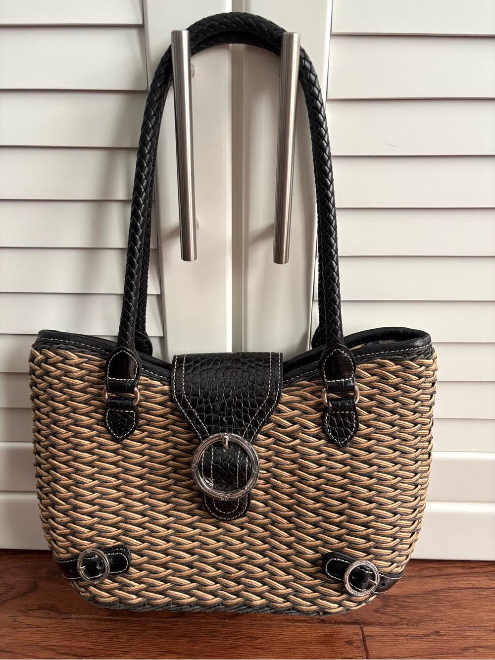 Brighton Woven Shoulder Bag with Black Trim and Natural Straw